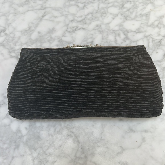 Aqua Black Beaded Evening Bag with Silver Hardware. - Picture 2 of 6